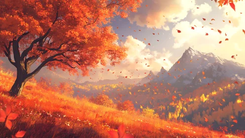 Golden autumn hillside and distant snowcapped mountain glow.