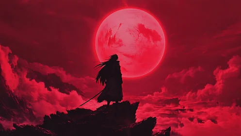 Lone blade watcher beneath a ferocious crimson moon sky.