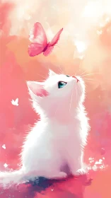 White kitten watching pink butterfly on soft pastel background.