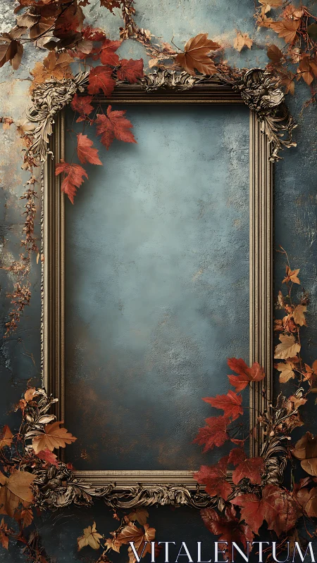 Vertical baroque frame with autumn foliage on textured teal wall