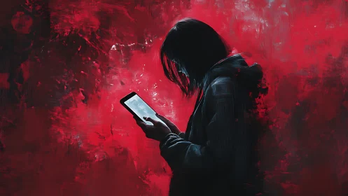 Solitary hooded figure lit by phone against red backdrop.