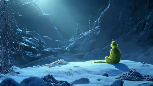 Lonely green creature gazes across a moonlit snowy valley.