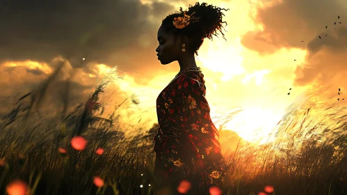Silhouetted woman in patterned robe against sunset field.