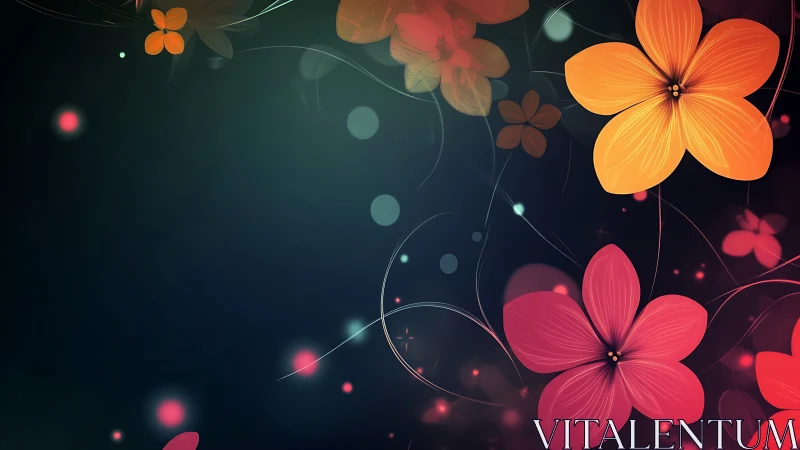 Digital floral composition with stylized flowers and bokeh elements.