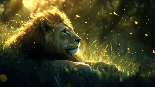 Majestic lion rests in glowing forest light at dusk.