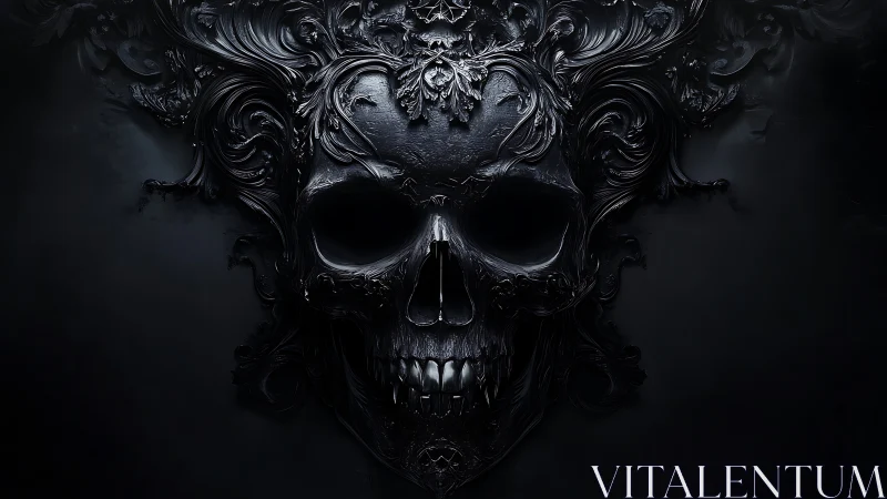 Baroque black skull with ornate swirling filigree forms.