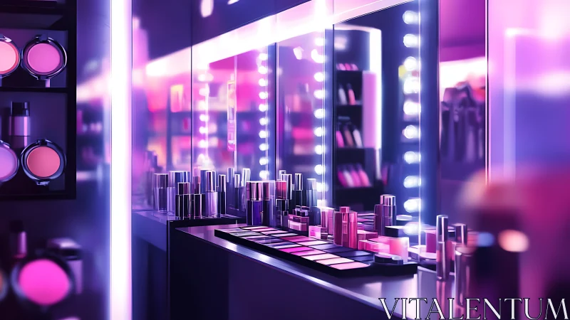 Neon-lit makeup vanity glows in a futuristic beauty studio