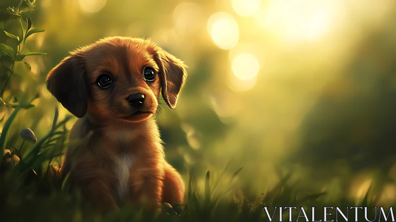 Digital rendering depicts small brown puppy in soft sunlight