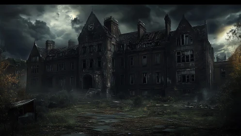 Derelict gothic asylum under storm-laden cinematic sky.