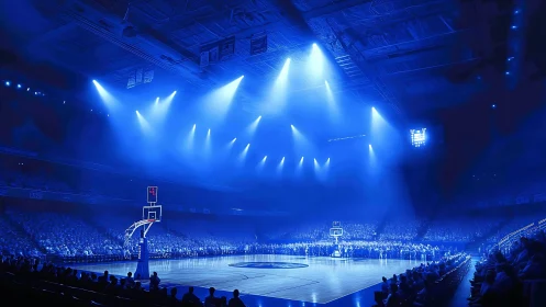 Blue-lit indoor basketball arena under dramatic show lighting.