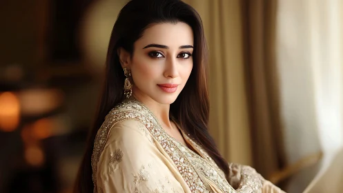 Graceful woman in golden attire by a soft sunlit window.
