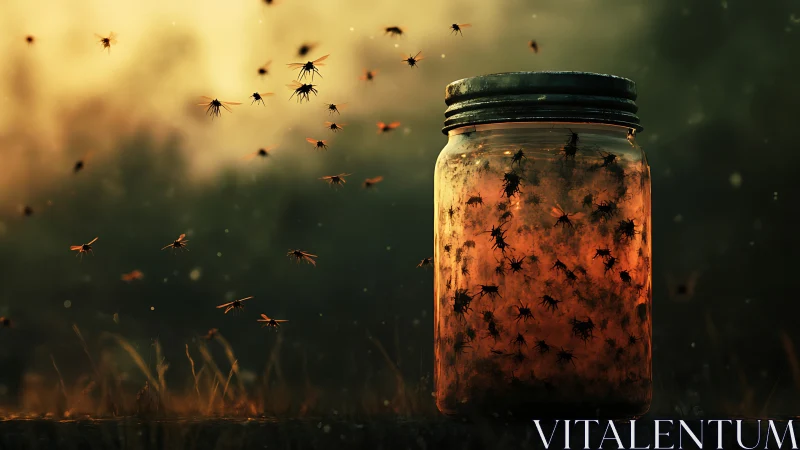 Jar of twilight fireflies drifting into the dusky field.