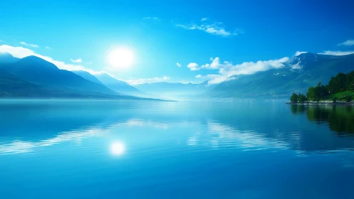 Gentle morning sun glows over calm blue mountain lake