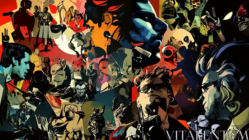 Neon Noir Collage of Chaotic Antiheroes in Split Worlds.