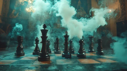 Smoke curls like strategy above a midnight chess council