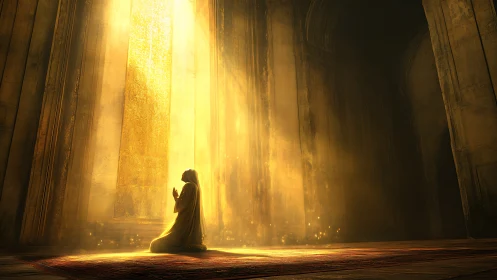 Golden volumetric light sanctifies lone kneeling figure in hall