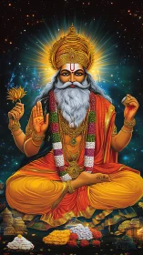 Radiant cosmic sage in golden robes and serene blessing.