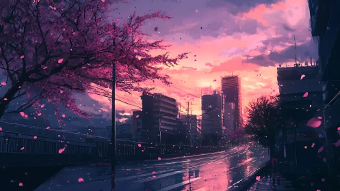 Gentle city evening under drifting cherry blossoms.