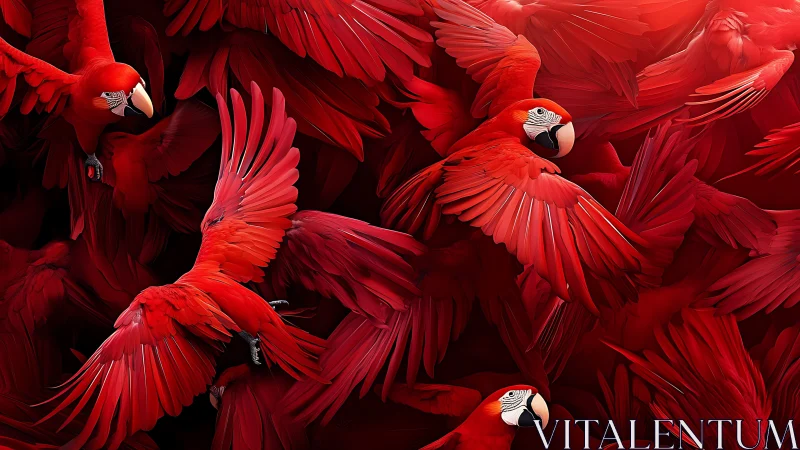 Vivid Scarlet Macaws in Flight, Dynamic Close-Up Wildlife Artwork.