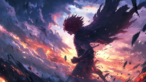 Storm-swept warrior silhouette against blazing twilight sky.