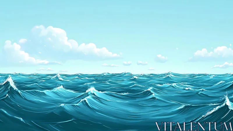 Sunlit ocean waves roll beneath a clear blue sky.