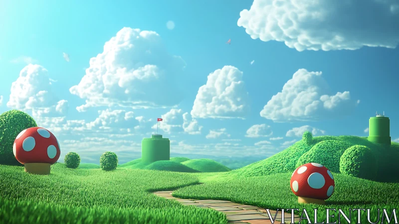 Sunny pixel kingdom with spotted power mushrooms on patrol.