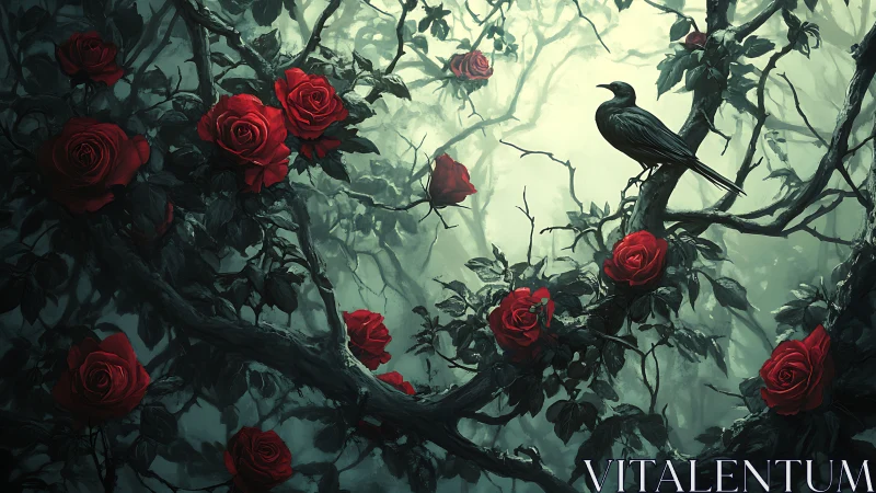 Midnight roses surround a watchful crow in misty silence