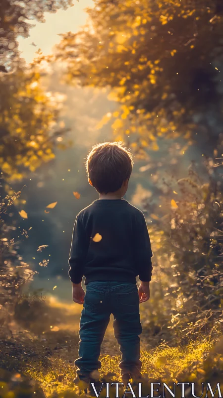 Child stands on sunlit forest path under drifting leaves