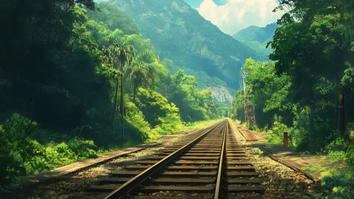 Railway vanishing into lush mountain jungle light.