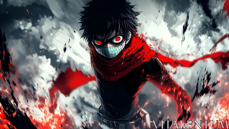 Masked figure with red scarf amid abstract explosion scene.