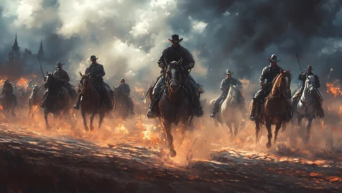Mounted riders advance through burning ground and smoke