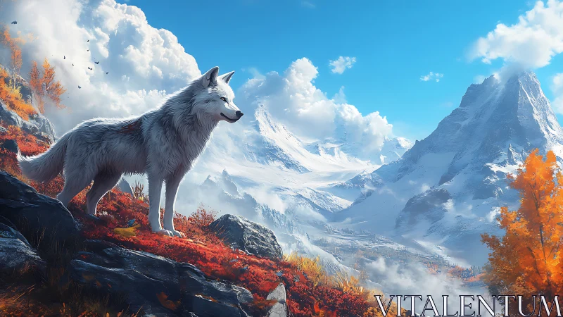 White wolf on rocky slope before distant snowy mountains.