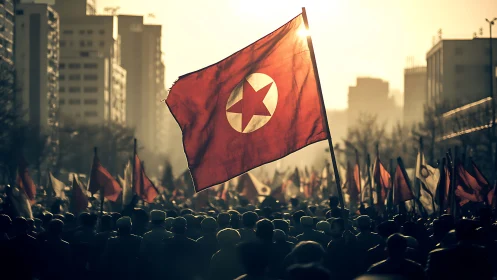 North Korean flag over dense urban crowd at sunset.