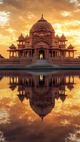 Sunlit temple silhouette glows above a tranquil mirrored lake