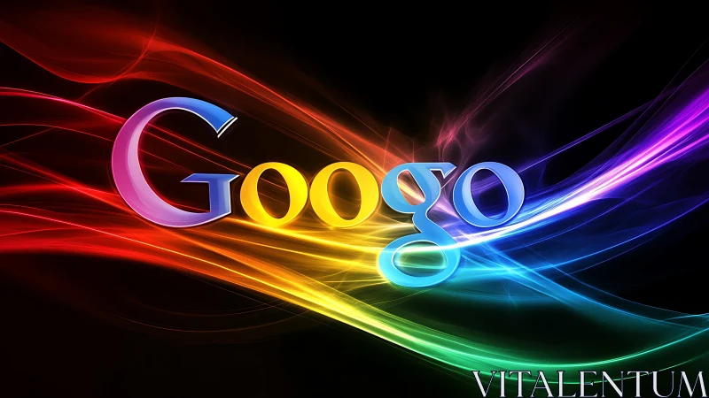 Vibrant rainbow light trails swirl around glossy text logo