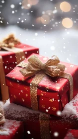 Crimson gift boxes shimmer under drifting winter snow