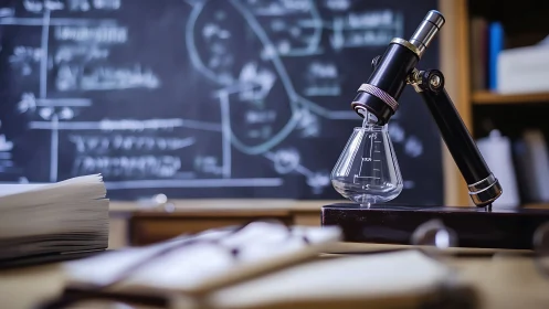 Vintage microscope rests beside glass flask in study lab.