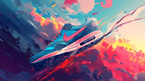 Vibrant running shoe soaring through neon sunset clouds.
