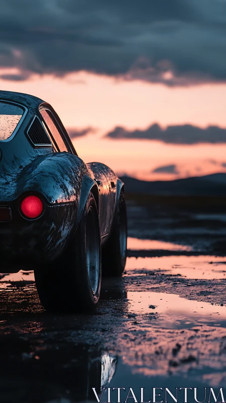 Sunset-soaked classic sports car beside reflective puddles.