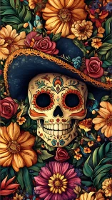Decorated skull with dark hat amid dense floral arrangement.