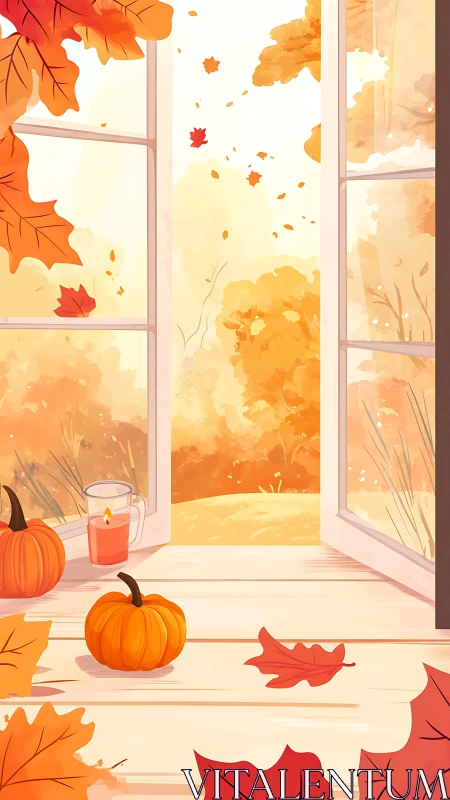 Cozy autumn window with pumpkins, candlelight and leaves.