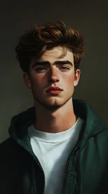 Soft light studies a freckled gaze in quiet green cotton