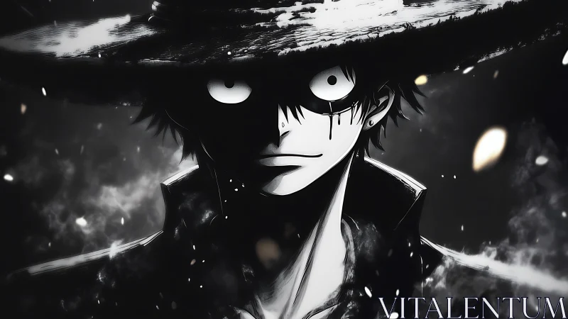 Monochrome anime figure in hat amid smoke and embers.