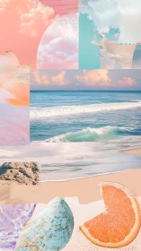 Layered pastel seascape collage integrates sky, surf, shells and citrus forms