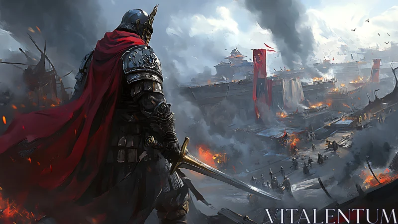 Armored warlord surveys burning fortress amid brutal siege.