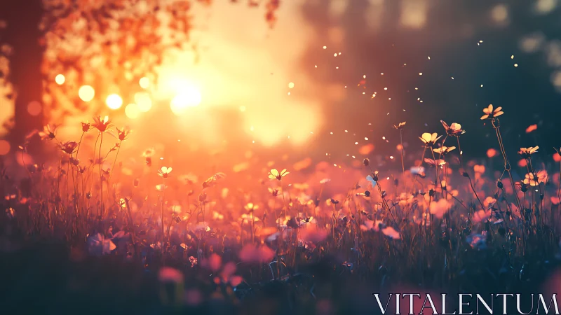 Soft sunset meadow where tiny wildflowers catch the light.