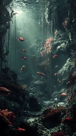 Sunlit coral ravine with schooling fish in deep teal water.