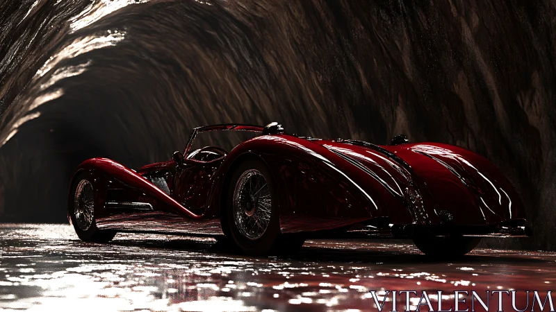 Streamlined red classic roadster gleams inside a wet tunnel.