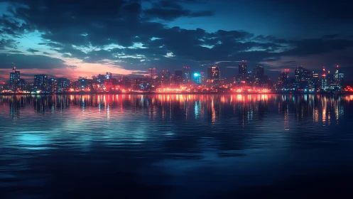 Neon lit city skyline reflected across calm night water.