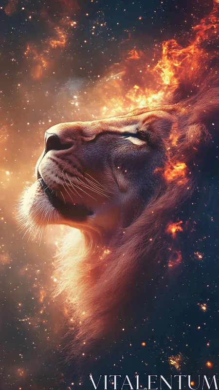 Cosmic lion profile with fiery nebula mane and starfield fusion